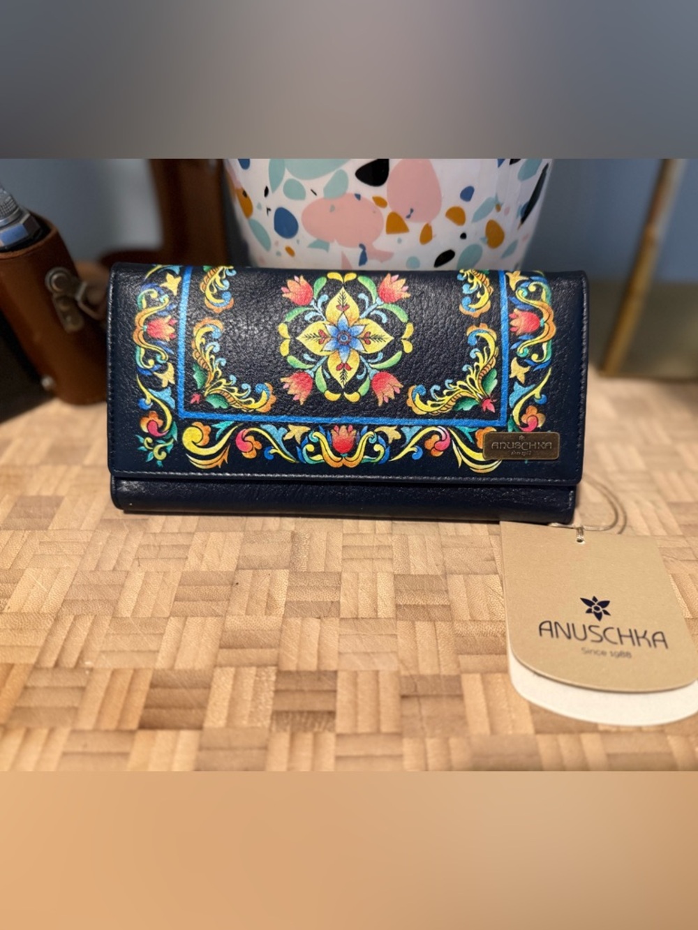 Anuschka Anna Black Floral Hand-Painted Leather Wallet with Multicolor Motif NWT